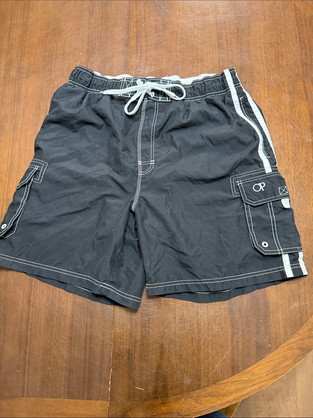 Men’s Vintage OP Black Swim Shorts with White Accents Has 4 Pockets Size XL